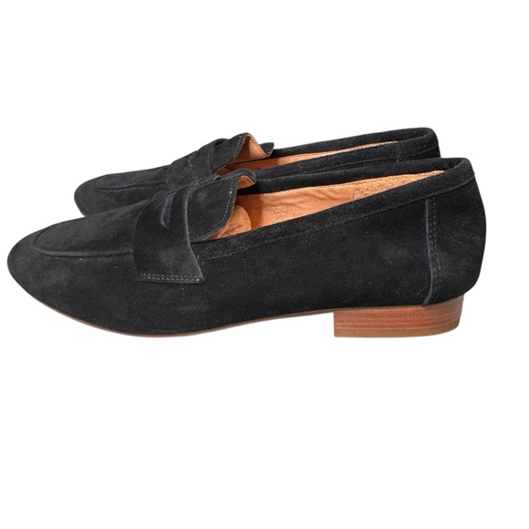 Quince Black Italian Suede Penny Loafer Size 7 EUC Stacked Wood Heel Like New - Picture 2 of 11